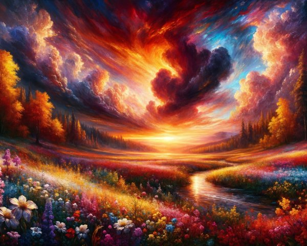Vibrant sunset landscape with colorful skies and flowers