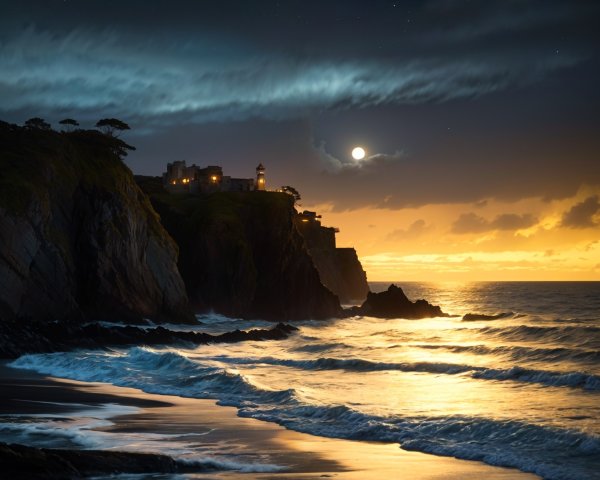 Tranquil Coastal Scene at Dusk with Lighthouse
