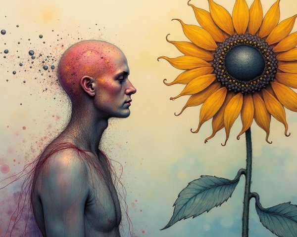 Surreal Scene with Bald Figure and Vibrant Sunflower