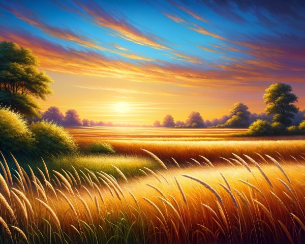 Serene Sunset Landscape with Golden Fields and Trees