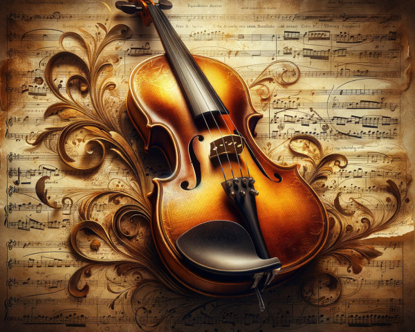 Elegant Violin Surrounded by Floral Patterns and Music