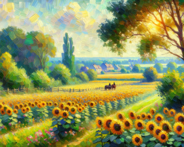 Vibrant Sunflower Landscape with Serene Path and Horse