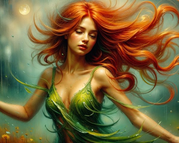 Young woman in green dress with red hair in nature