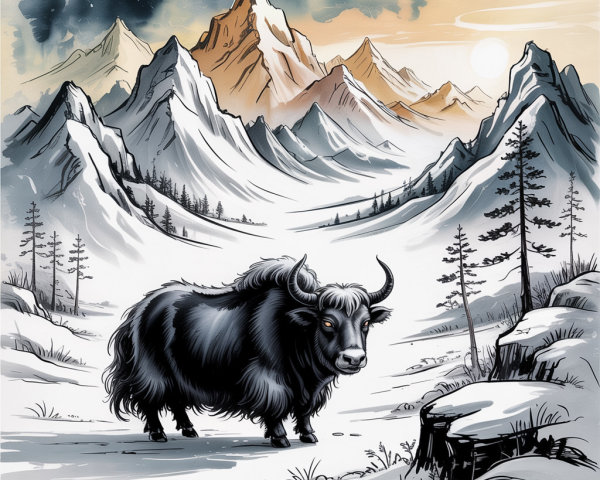Black Yak in Snowy Mountain Landscape with Pines