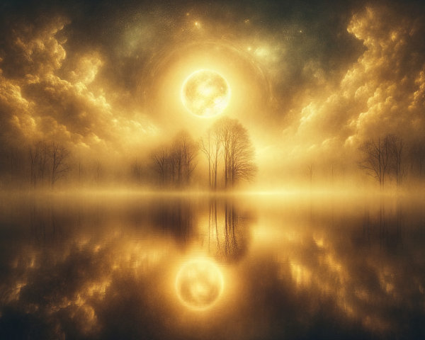 Mystical Landscape with Golden Sun and Calm Lake