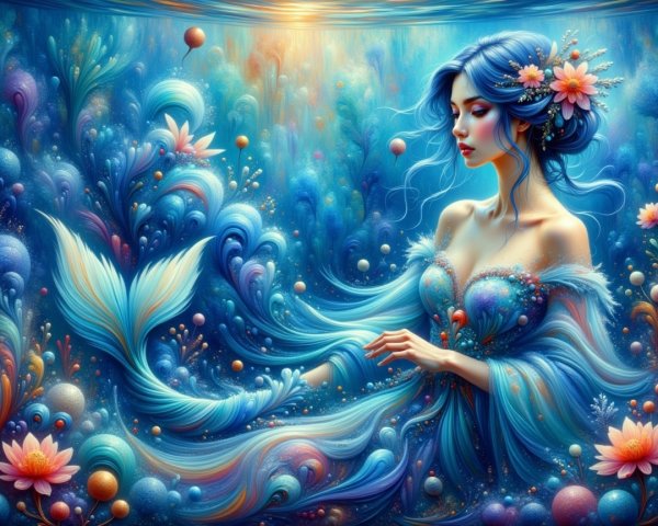 Underwater Scene with Woman and Mermaid Tail