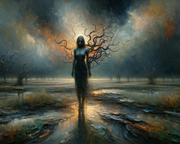 Surreal Landscape with Eerie Glow and Twisted Trees
