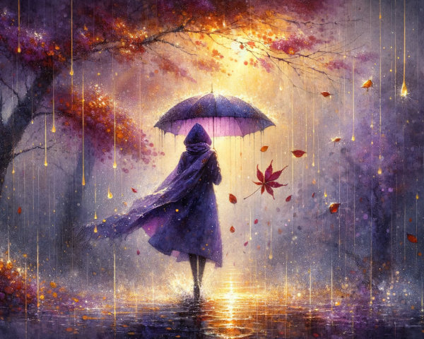 Vibrant Autumn Scene with Umbrella and Purple Robe