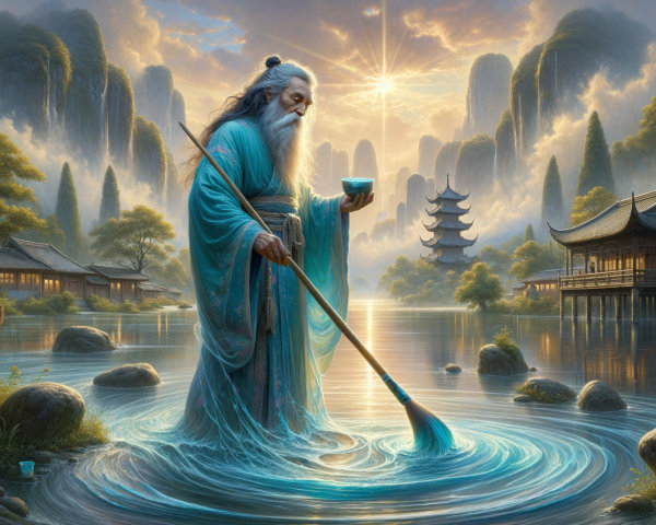 Ancient sage in serene landscape with flowing robes