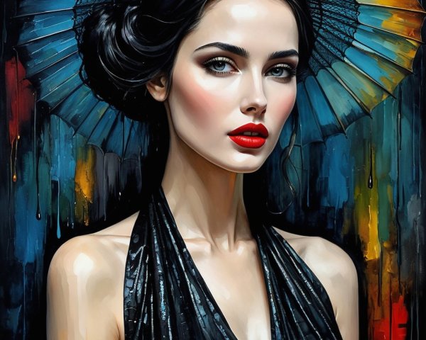 Elegant Woman in Black Dress with Colorful Backdrop
