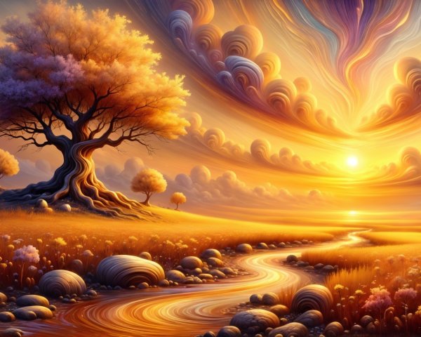 Whimsical Landscape with Sunset and Twisting Tree