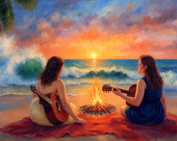 Women Playing Guitars by a Sunset Beach Fire