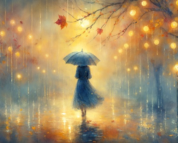 Solitary Figure Under Umbrella in Misty Street Scene