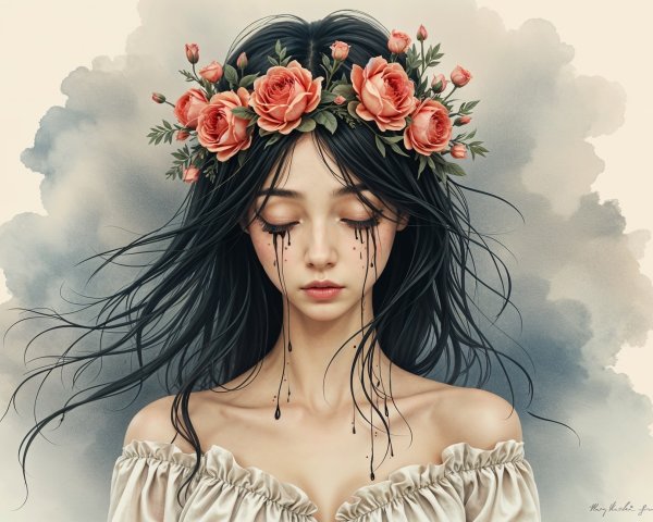 Serene Young Woman with Roses and Ink Tears