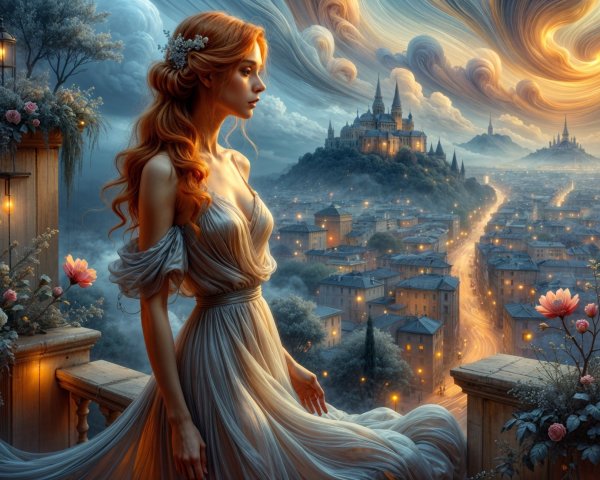 Serene Woman on Balcony Overlooking Cityscape at Sunset