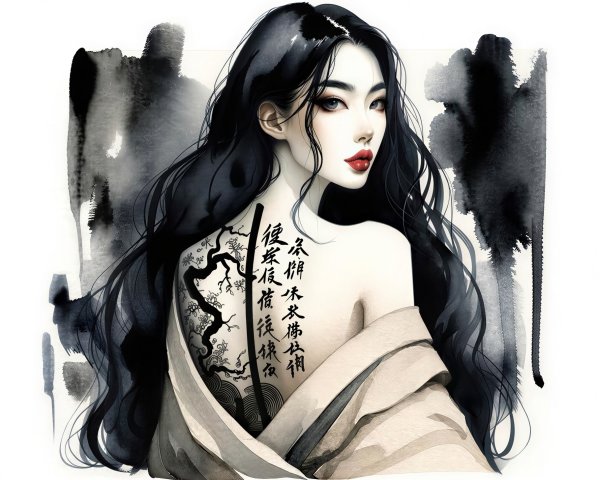 Digital Ink Wash Painting of Japanese Woman Portrait