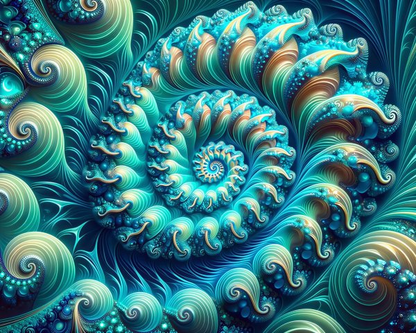 Intricate Spiral Fractal Art in Blues and Golds