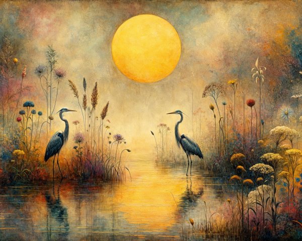 Herons by Waterway in Vibrant Wildflower Landscape