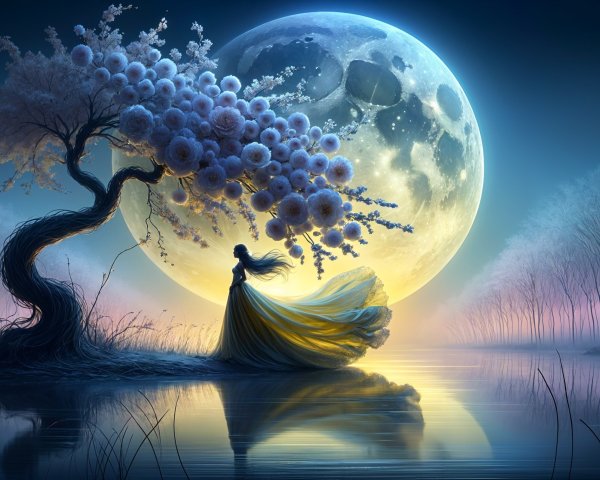 Moonlit Landscape with Woman in Yellow Gown