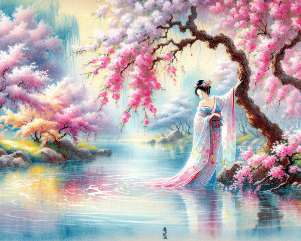 Tranquil Lake Surrounded by Cherry Blossoms and Elegance