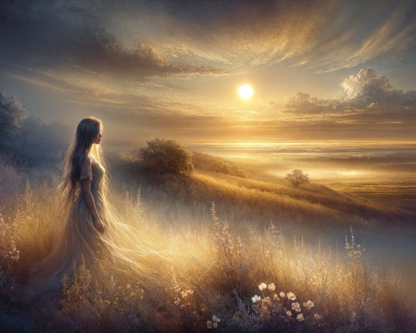 Serene Sunset Landscape with Woman on Gentle Hill