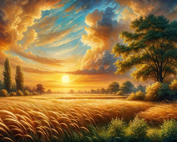 Sunset Landscape with Wheat Field and Trees