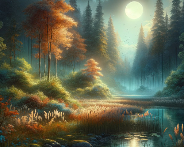 Twilight Landscape with Moonlit River and Mist