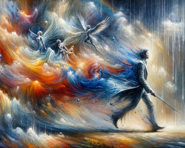 Figure in a vibrant landscape with swirling colors and spirits