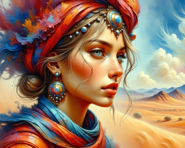 Young woman in vibrant fabrics against desert backdrop