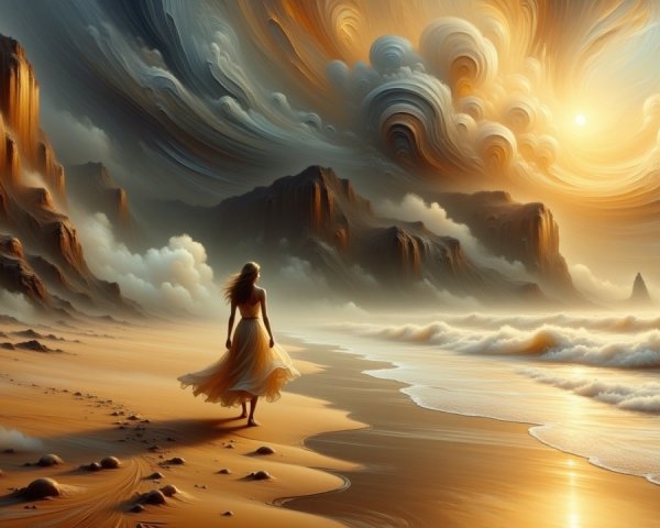 Serene beach scene with woman in white dress at sunset