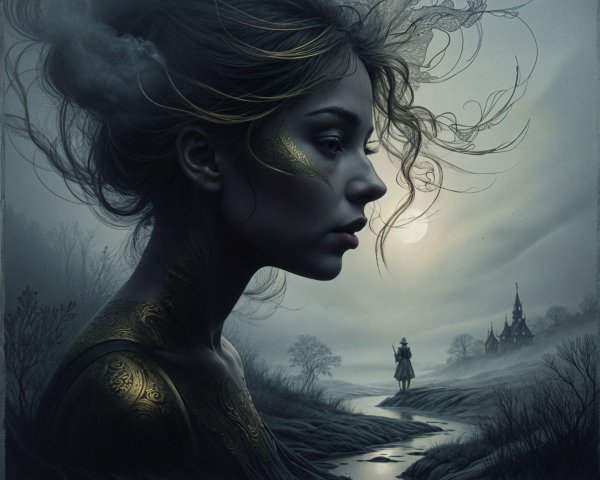 Surreal Scene with Young Woman and Mystical Landscape