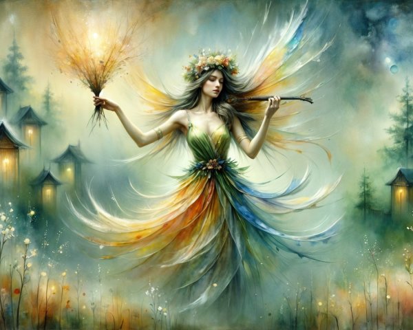 Mystical Figure in Gown Surrounded by Nature's Beauty