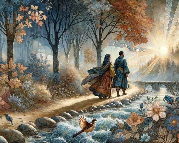 Couple Walking in Serene Autumn Landscape with Stream