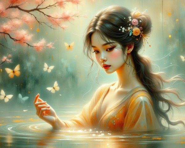 Serene Young Woman in Tranquil Waters with Flowers