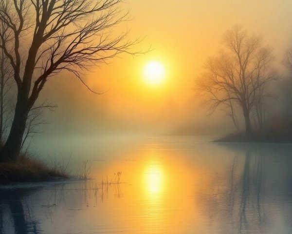 Serene Dawn Landscape with Mist and Golden Glow