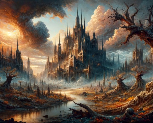 Gothic Castle in Misty Landscape with Sunset Glow