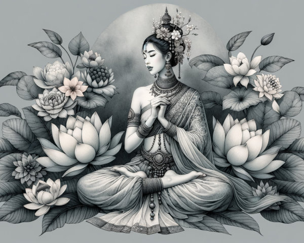 Serene Figure in Meditative Pose with Lotus Flowers