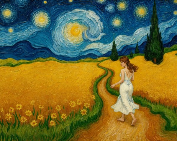 Young Woman in White Dress in Golden Field Landscape