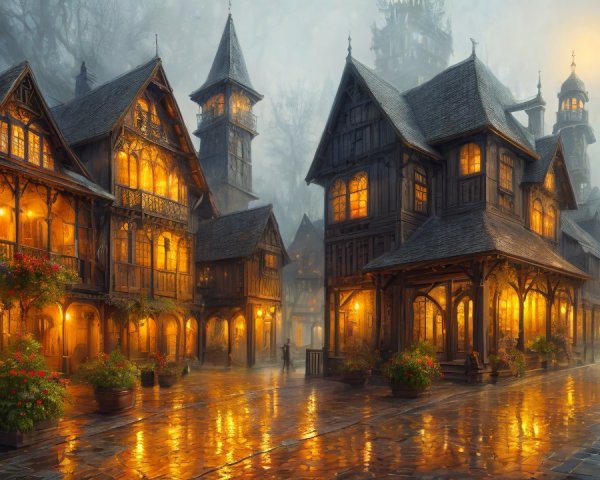 Misty Village at Dusk with Wooden Buildings and Lights