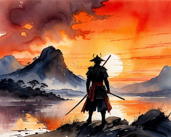 Samurai Silhouette by Tranquil Lake at Sunset