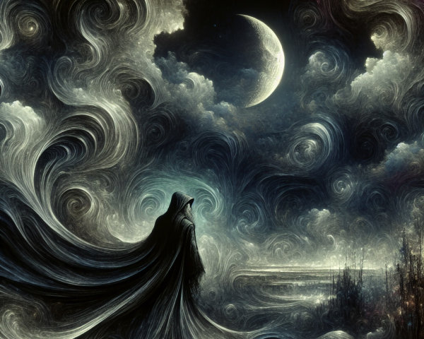 Mysterious Cloaked Figure Against Ethereal Night Sky