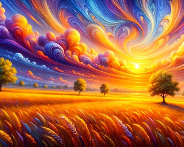 Vibrant Landscape with Golden Sunlight and Colorful Sky
