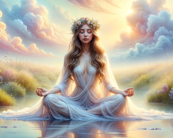 Meditative Woman on Water Surrounded by Wildflowers