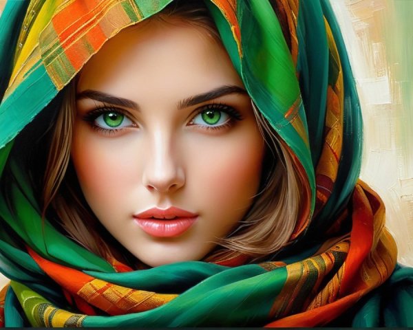 Portrait of a Young Woman with Vibrant Scarf and Eyes