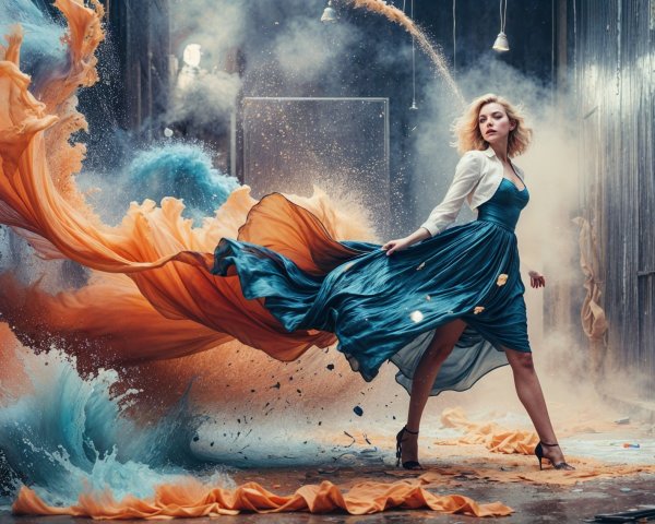 Model in Blue Dress in Industrial Setting with Smoke