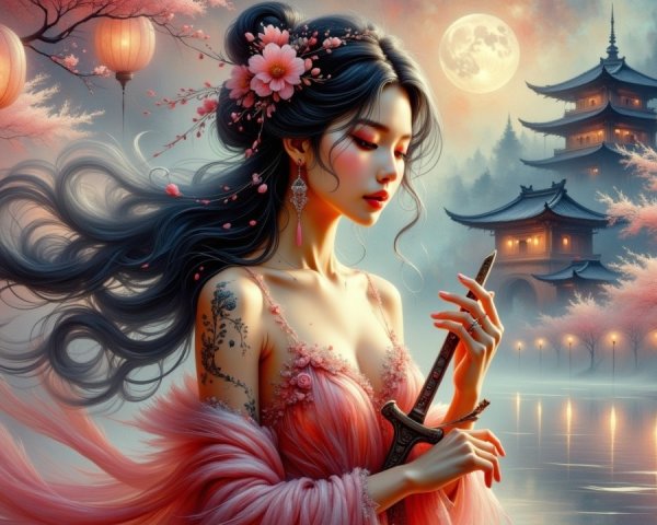 Moonlit Landscape with Woman, Sword, and Pagoda