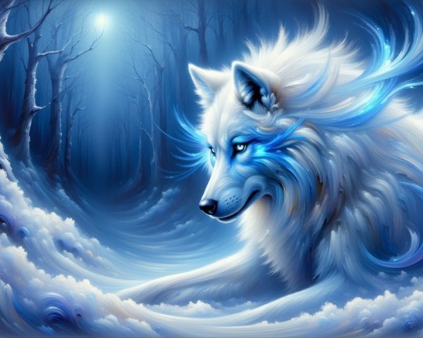 Majestic White Wolf in Mystical Snowy Forest