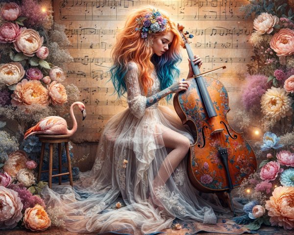 Whimsical Scene of Woman Playing Cello Among Flowers
