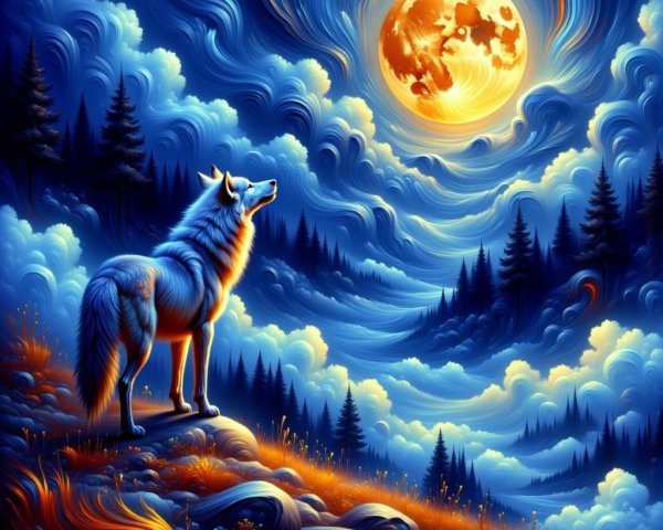 White Wolf on Rocky Outcrop Under Vibrant Moon