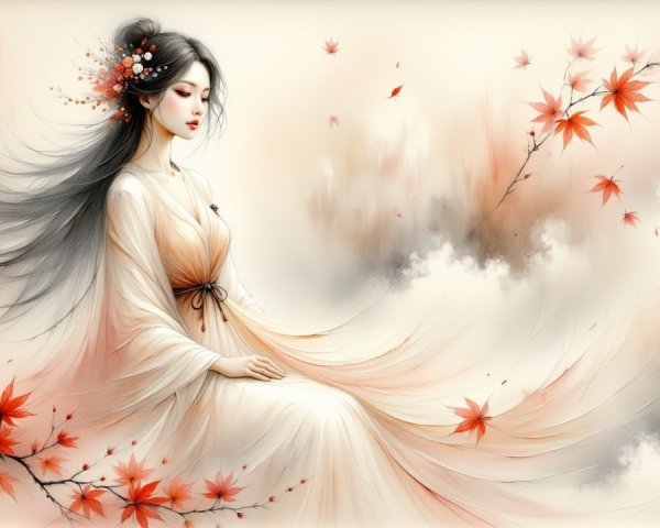 Serene Woman in White Gown Surrounded by Clouds and Leaves